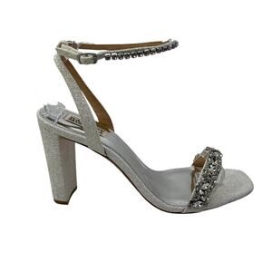 Badgley Mischka Silver Tasmine Rhinestone Ankle Strap Square Toe Heeled Sandal 9